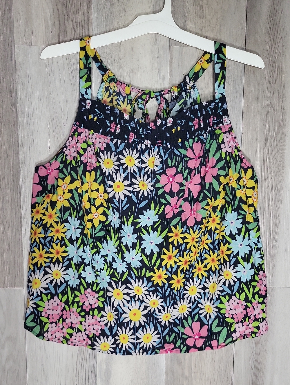 Blank London XL Organic Cotton Floral Smocked Tank Top Tie Back Sleeveless